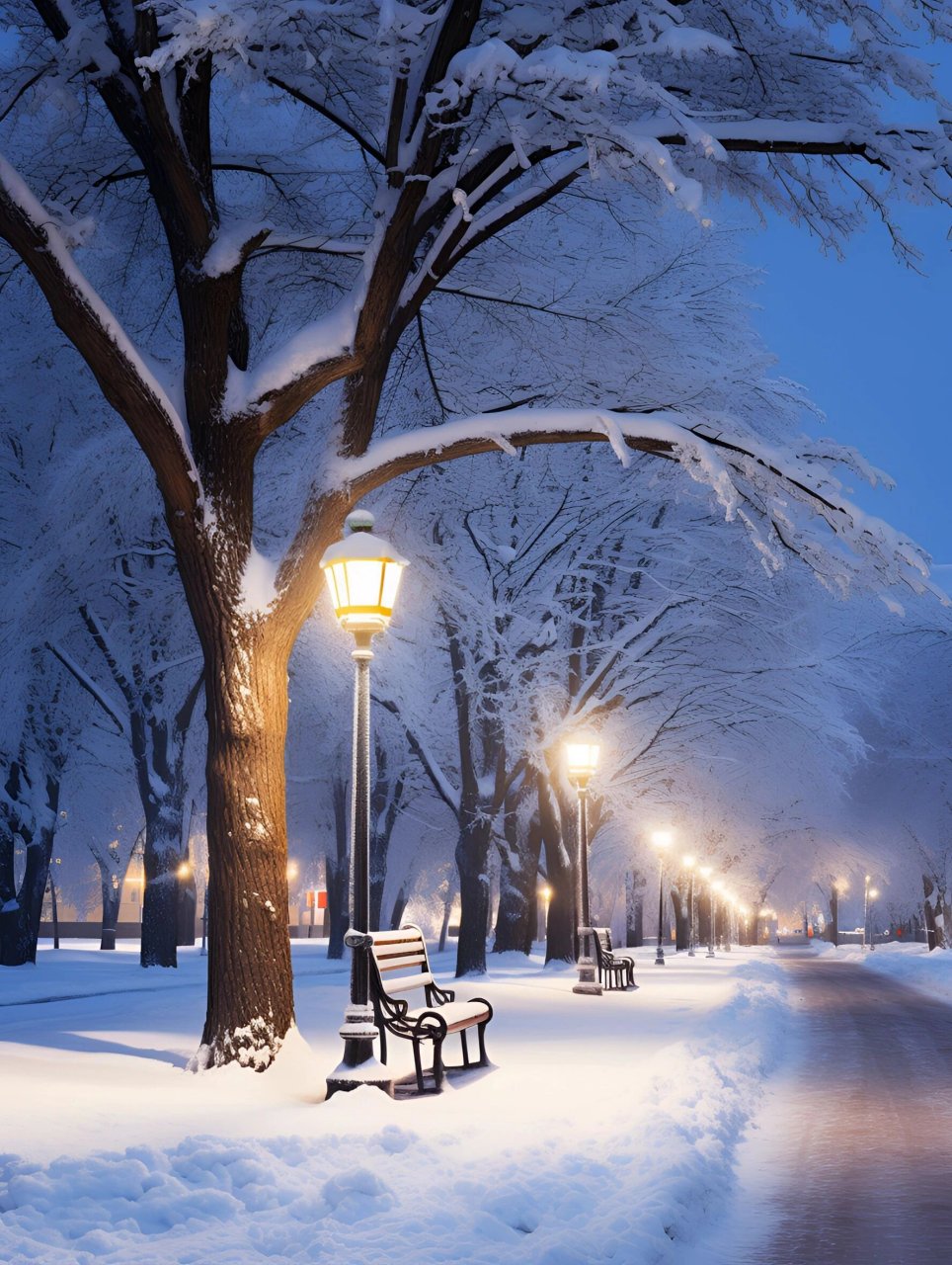 雪夜路灯图片