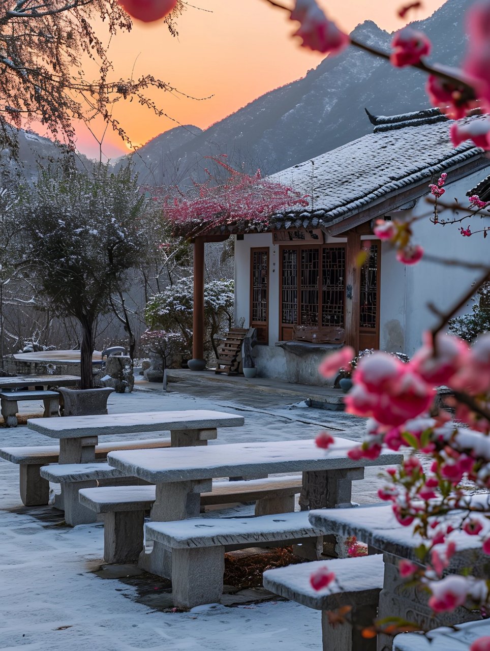 雪花纷纷扬扬地飘落,给整个院子披上了一层洁白的雪毯