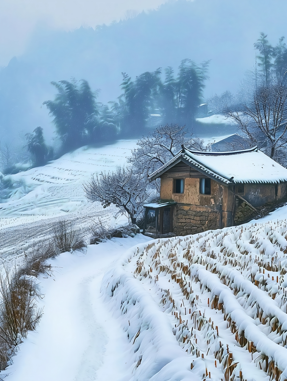 家乡#这雪景终于送货上门了# 冬日雪景,两座小屋静谧而立,树梢轻摇