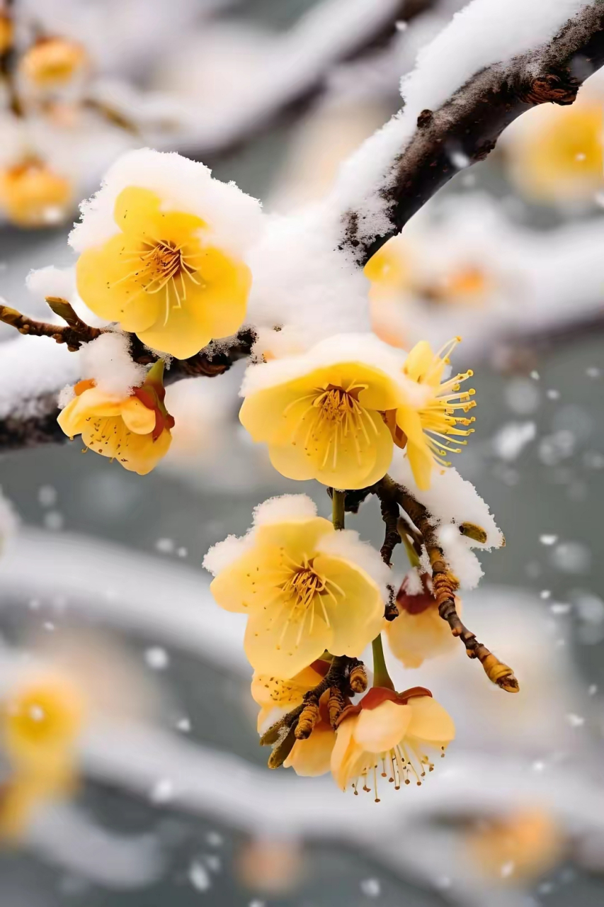 在大雪纷飞的寒冷冬日,一朵朵金色的梅花在雪中傲然绽放,散发着淡淡的