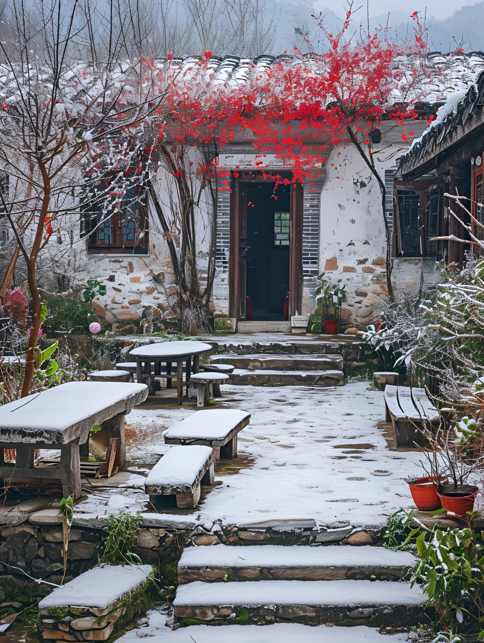 雪花纷纷扬扬地飘落,给整个院子披上了一层洁白的雪毯