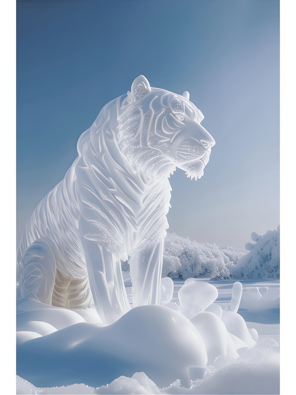 在这片纯白的雪地,有一只白色的老虎,它优雅地站立,仿佛是自然界的
