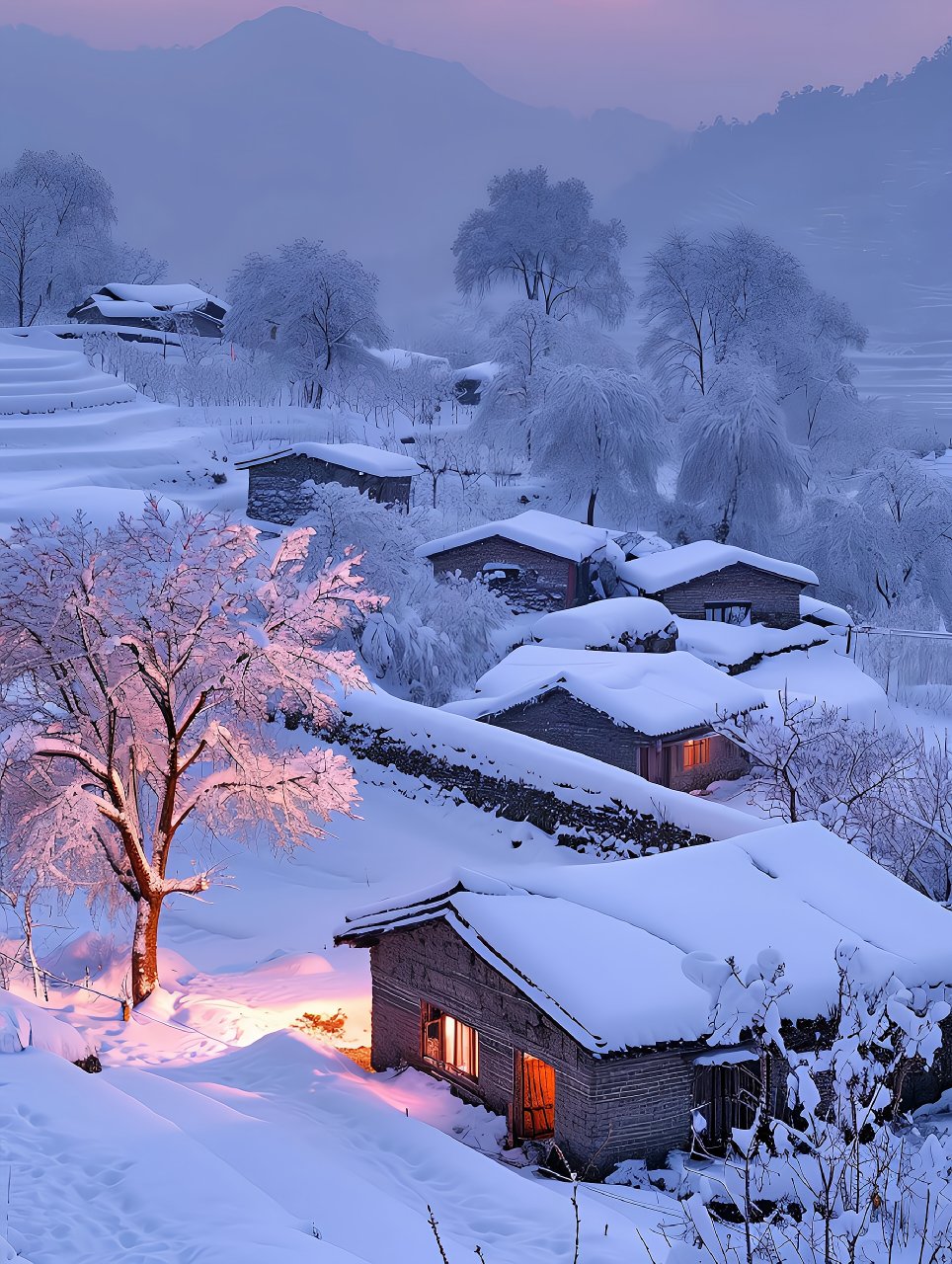 家乡的美丽雪景!山川壮丽,小屋静谧.上坡路蜿蜒,积雪与绿植相映成趣.