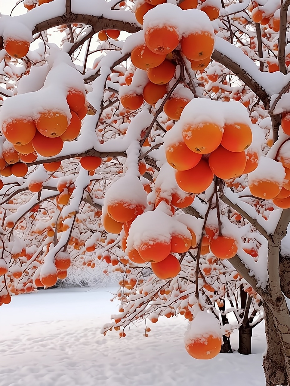 而柿子树上的柿子,像是一颗颗红色的宝石,在白雪的映衬下更加鲜艳夺目