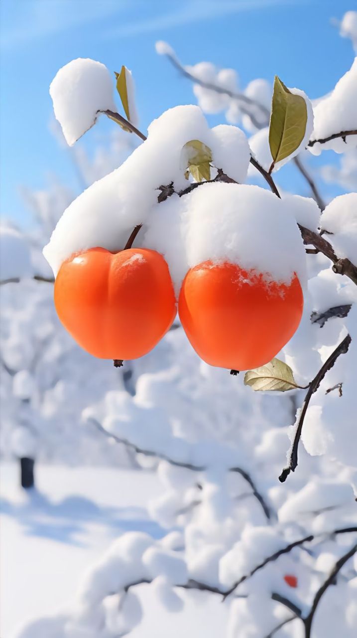 枝头的柿子,仿佛是冬日的灯笼,为这寂静的雪地增添了几分暖意.