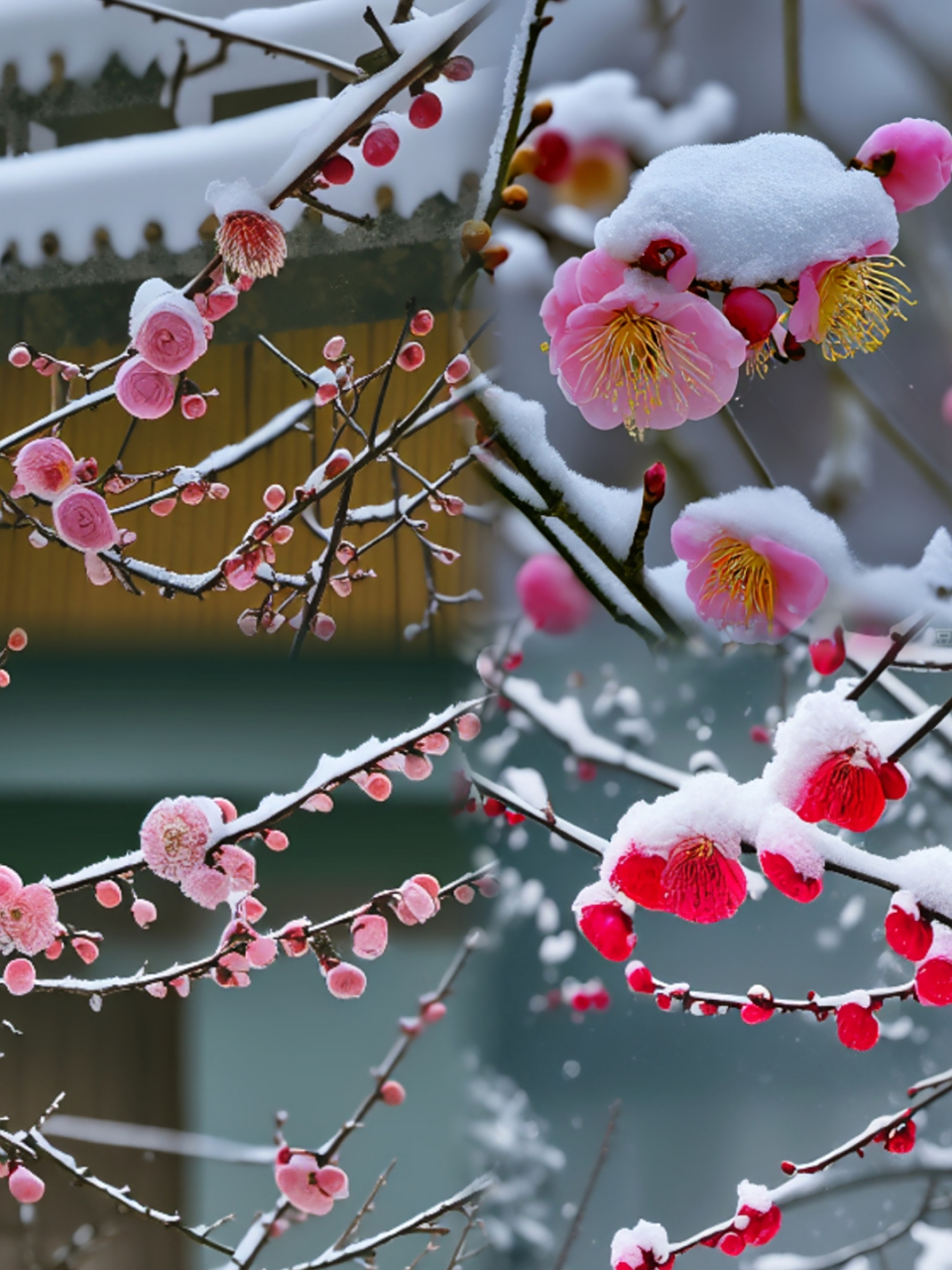 雪纷纷扬扬,宛如天空洒下的白色花瓣,轻轻覆在盛开的梅花上,梅香雪舞