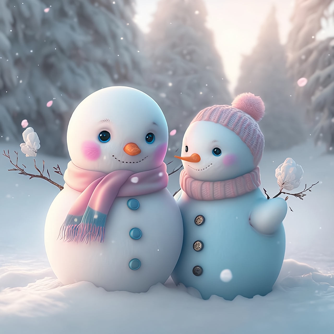 每一个雪人都有着自己独特的表情和姿态,有的戴着帽子,有的围着围巾