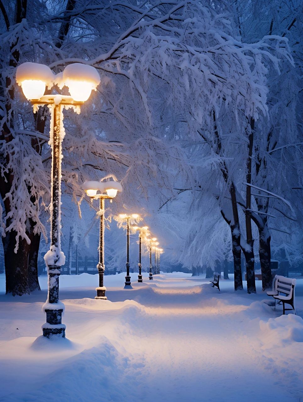 在那个雪夜,路灯散发着温暖的光芒,照亮了整个城市.