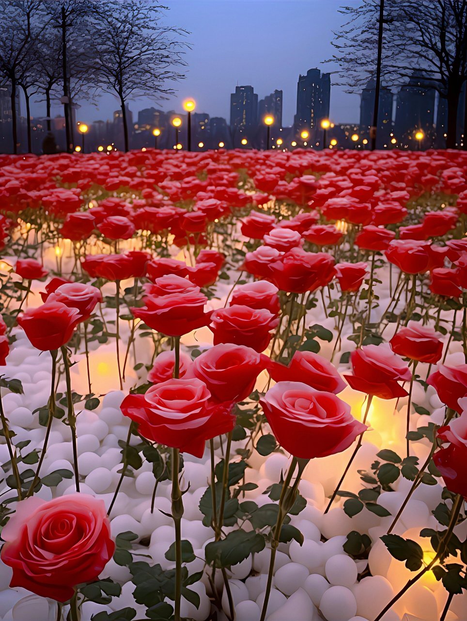 雪地中,玫瑰田绽放着绚丽的色彩,宛如一幅美丽的画卷