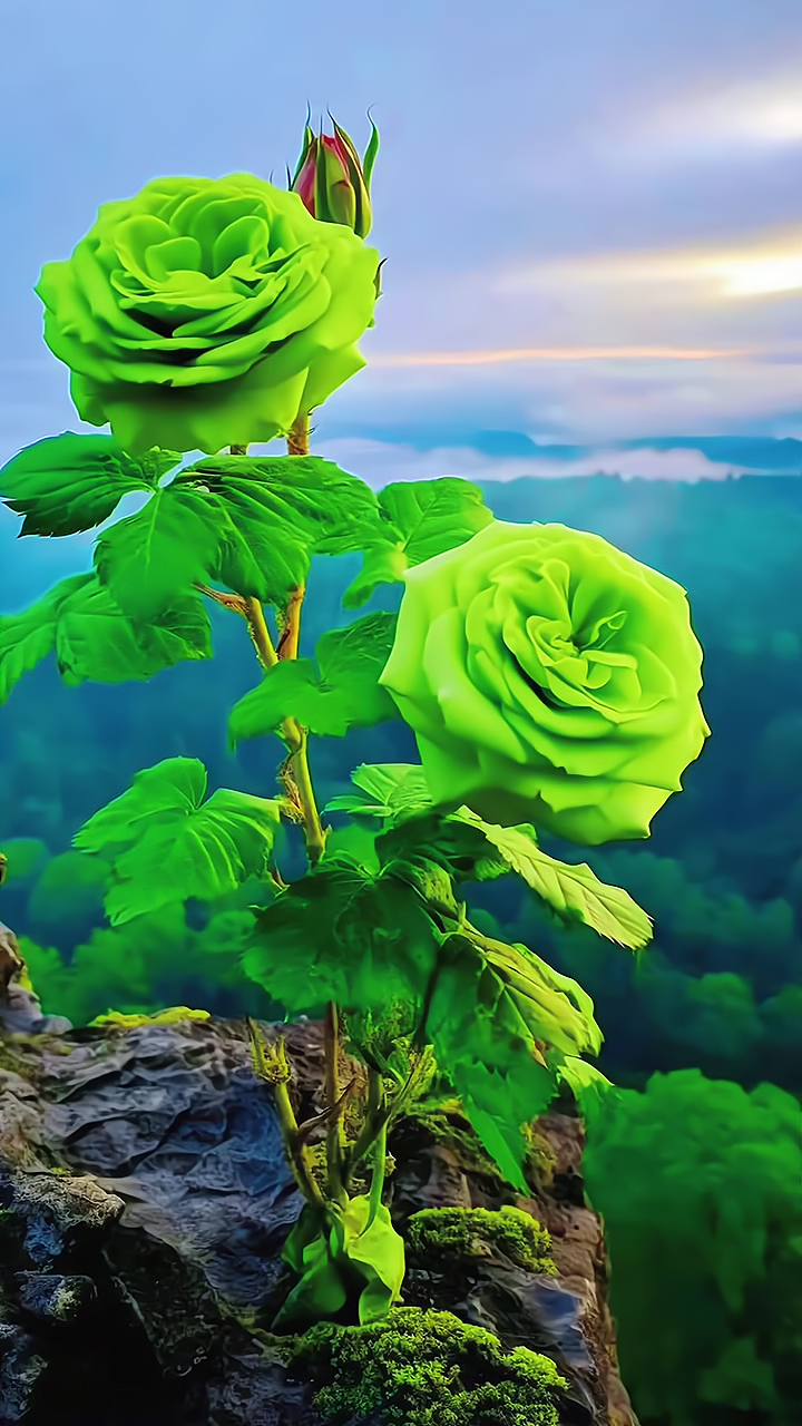 🌿🌹在大雾弥漫的山谷中,我发现了一朵独一无二的绿色玫瑰,它顽强