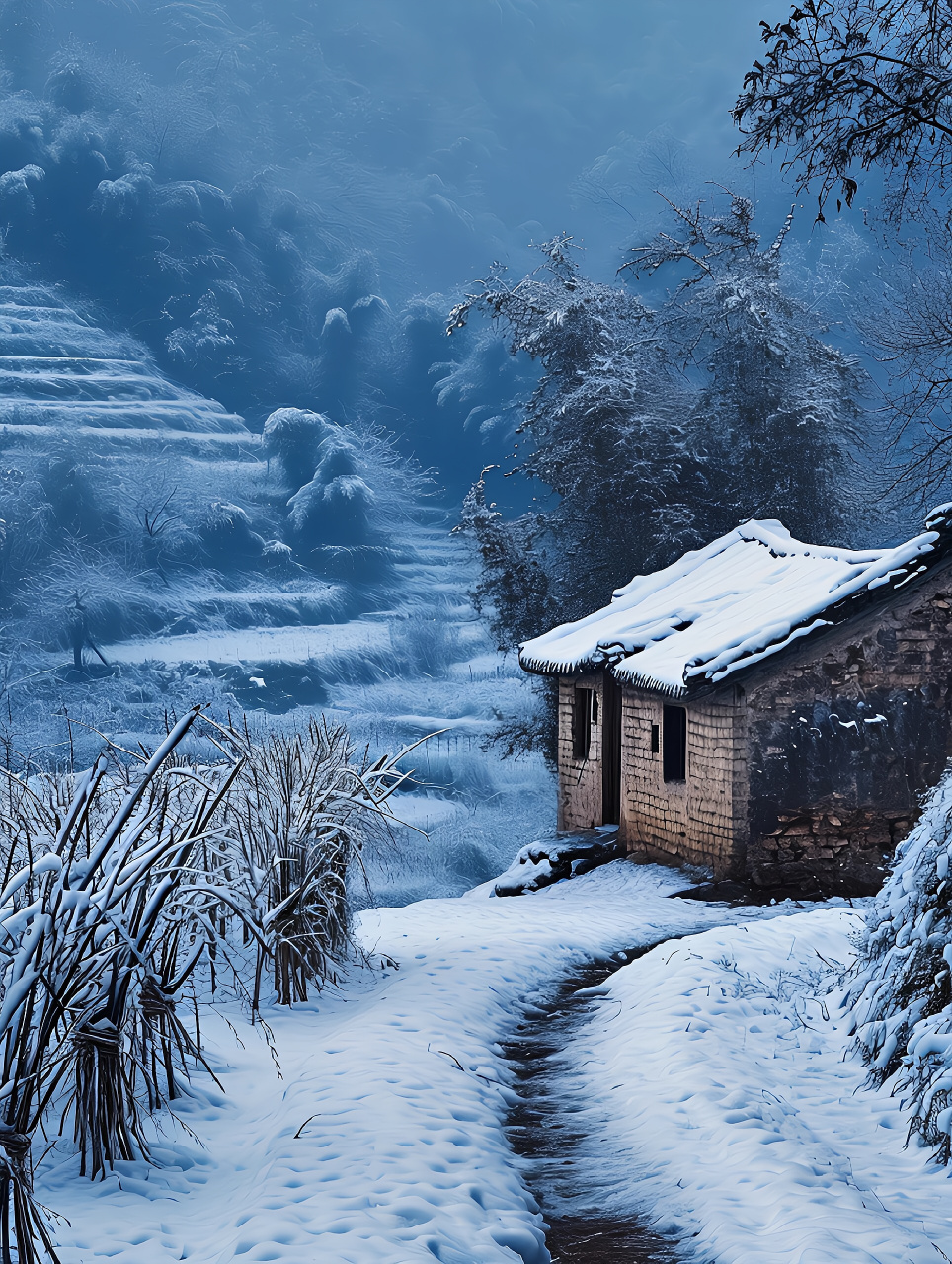 家乡的美丽雪景!山川壮丽,小屋静谧.上坡路蜿蜒,积雪与绿植相映成趣.