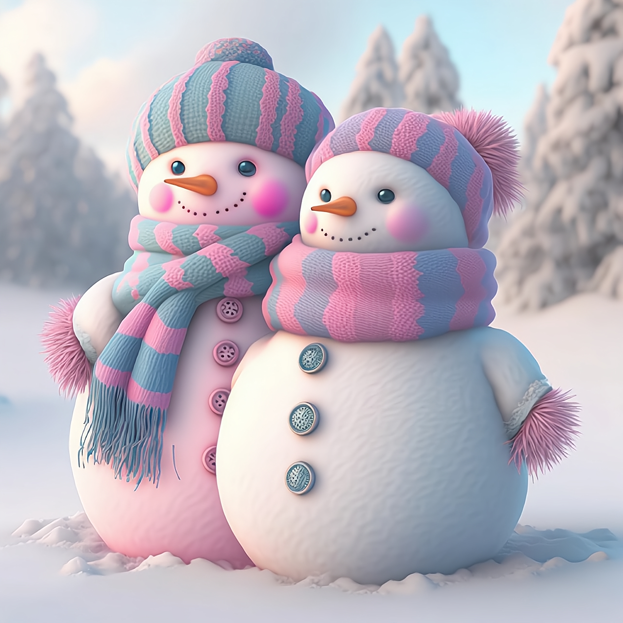 每一个雪人都有着自己独特的表情和姿态,有的戴着帽子,有的围着围巾