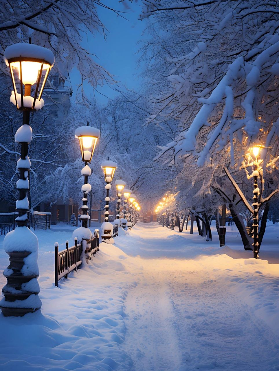 在那个雪夜,路灯散发着温暖的光芒,照亮了整个城市.
