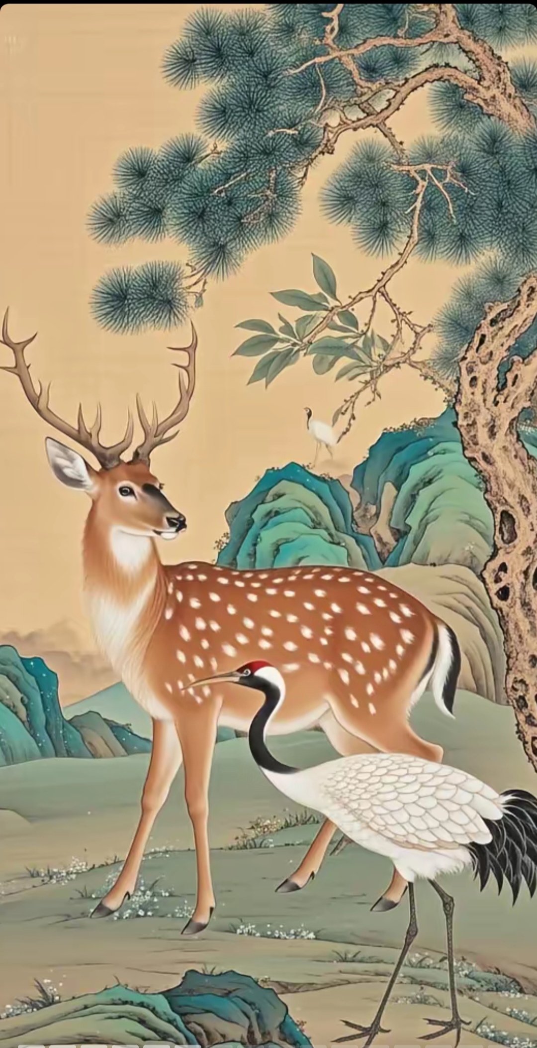 意味着天下皆春,万物欣鹿鹤同春鹤鹿同春中国吉祥图案壁画鹤鹿同春