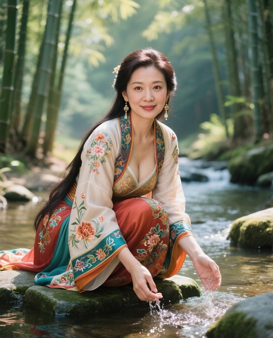 竹林边小溪旁,这位大姐穿着花衣裳蹲石头上玩水呢