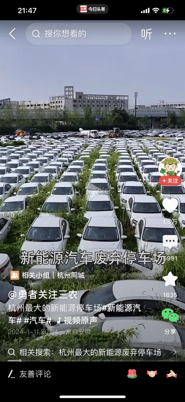 成千上万辆崭新的新能源汽车整齐地停放于此,四周杂草丛生,部分车辆