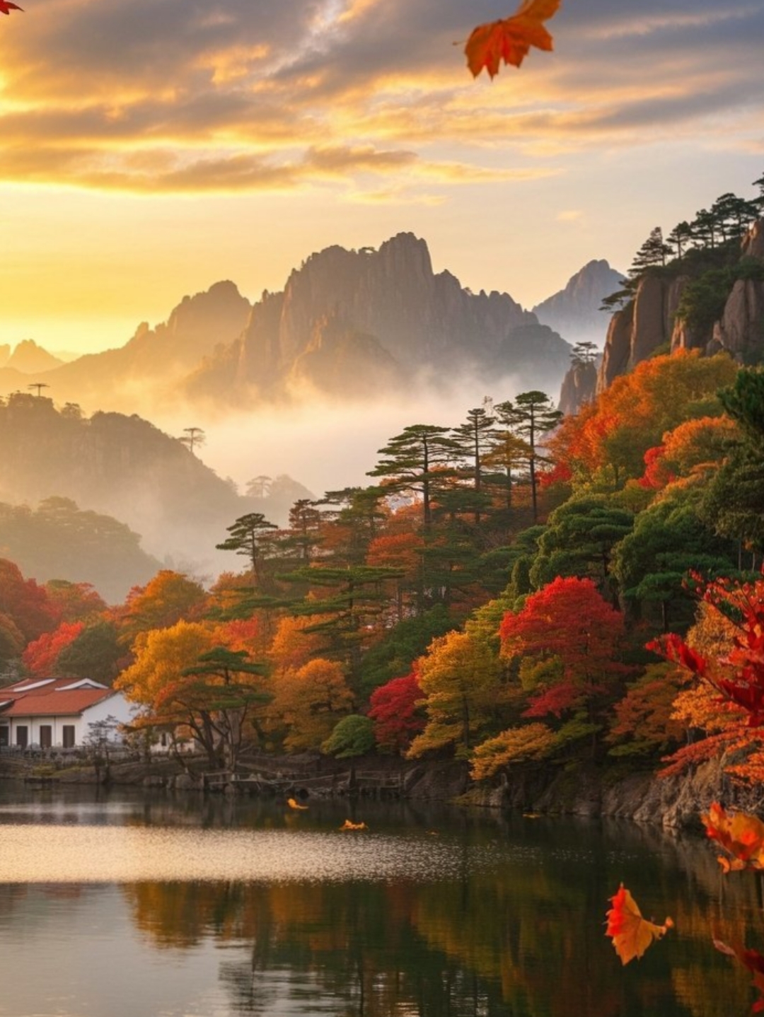 哇,这秋天的景色美得像幅画,湖边的枫叶都红了,真想在这湖上划个小船
