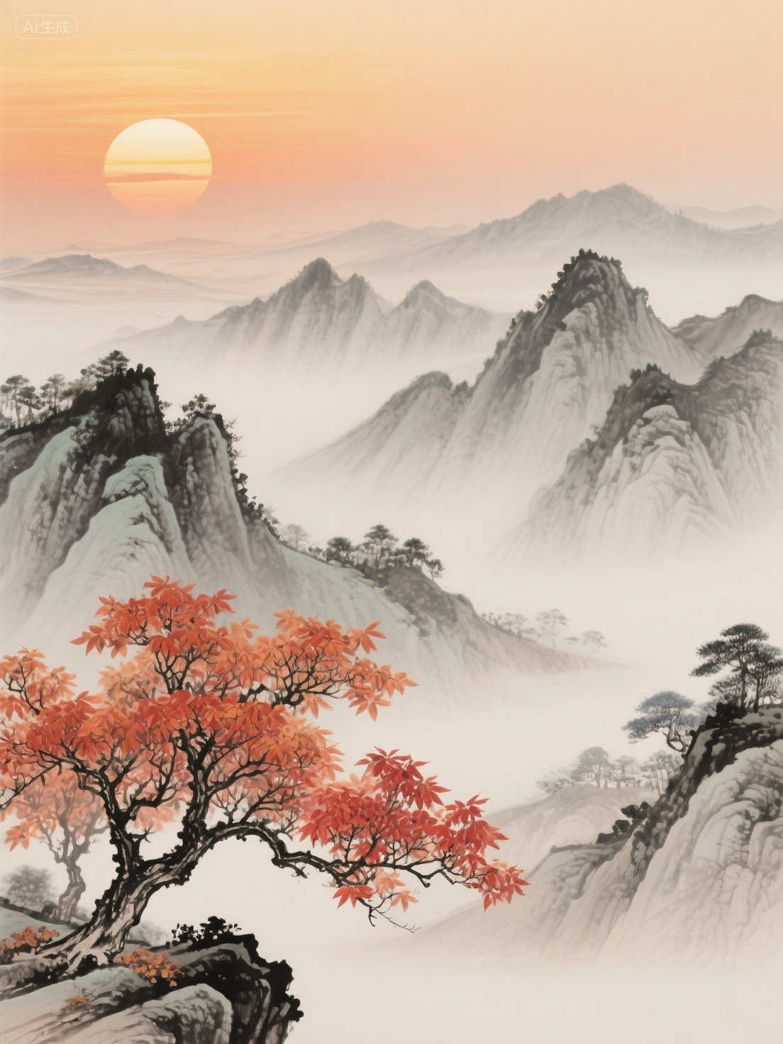 这山景美得让人窒息,太阳从山顶缓缓升起,雾气缭绕中,枫树火红火红的