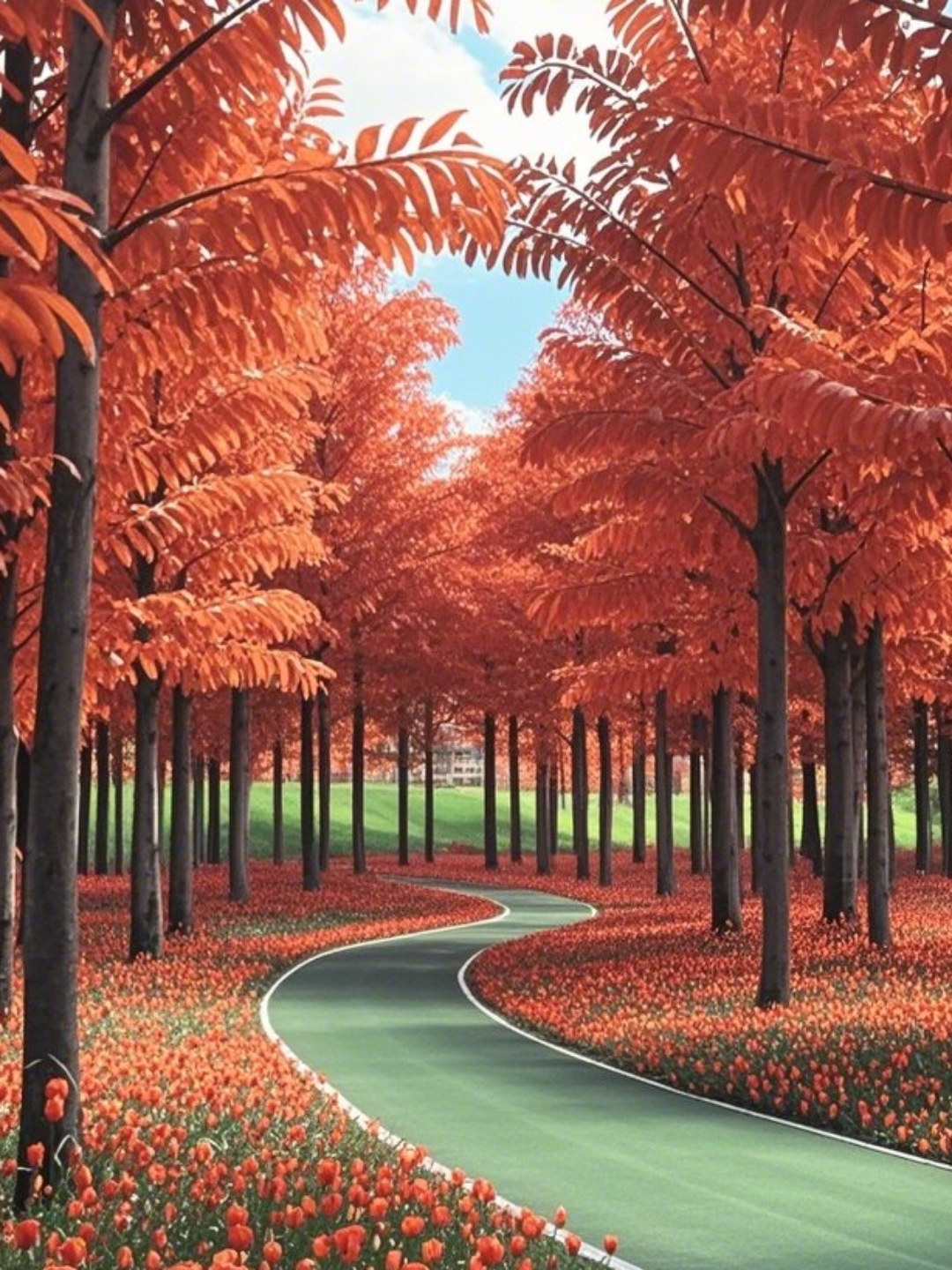 哇,这秋天公园的景色美翻了,小路两旁尽是火红火红的枫树,铺满了落叶