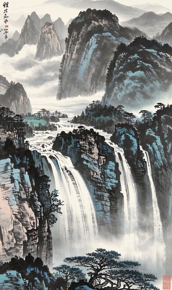 哇塞,这山水画美得像真的一样,瀑布飞流直下,山峦叠翠,仿佛能听到水声