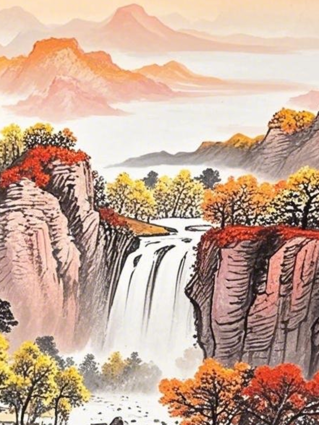 哇,这山水画美得就像真的瀑布一样,让人感觉仿佛能听见水声,秋天枫叶