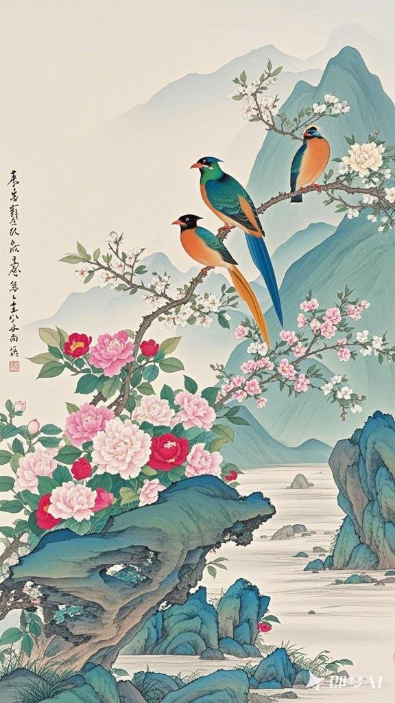 一幅鸟语花香的山水国画,可以着重表现青山绿水间的勃勃生机