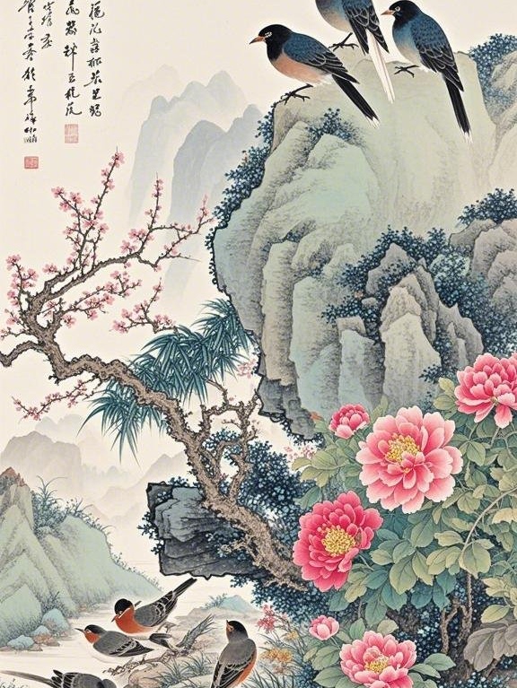 画作以中国传统山水画为基底,融入"鸟语花香"元素,展现春日里山青水秀