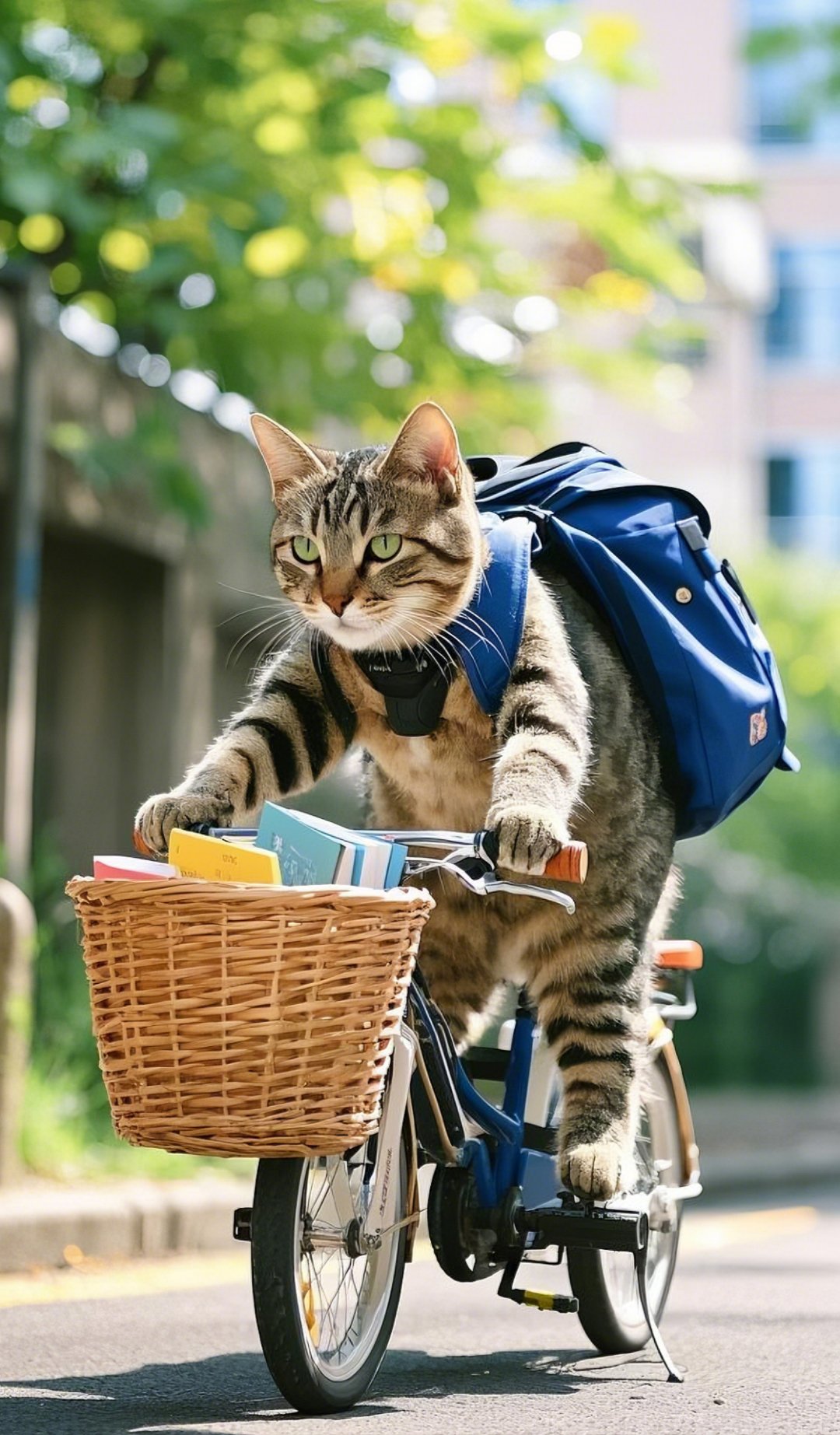 一只可爱的狸花猫,骑着自行车,背着书包上学去,动物的世界也开始卷了