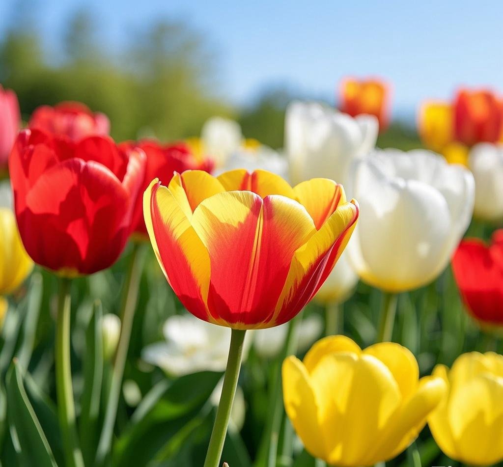 色彩斑斓的郁金香, 真是正月美好的一幕, 花开得鲜艳, 各种颜色交织在