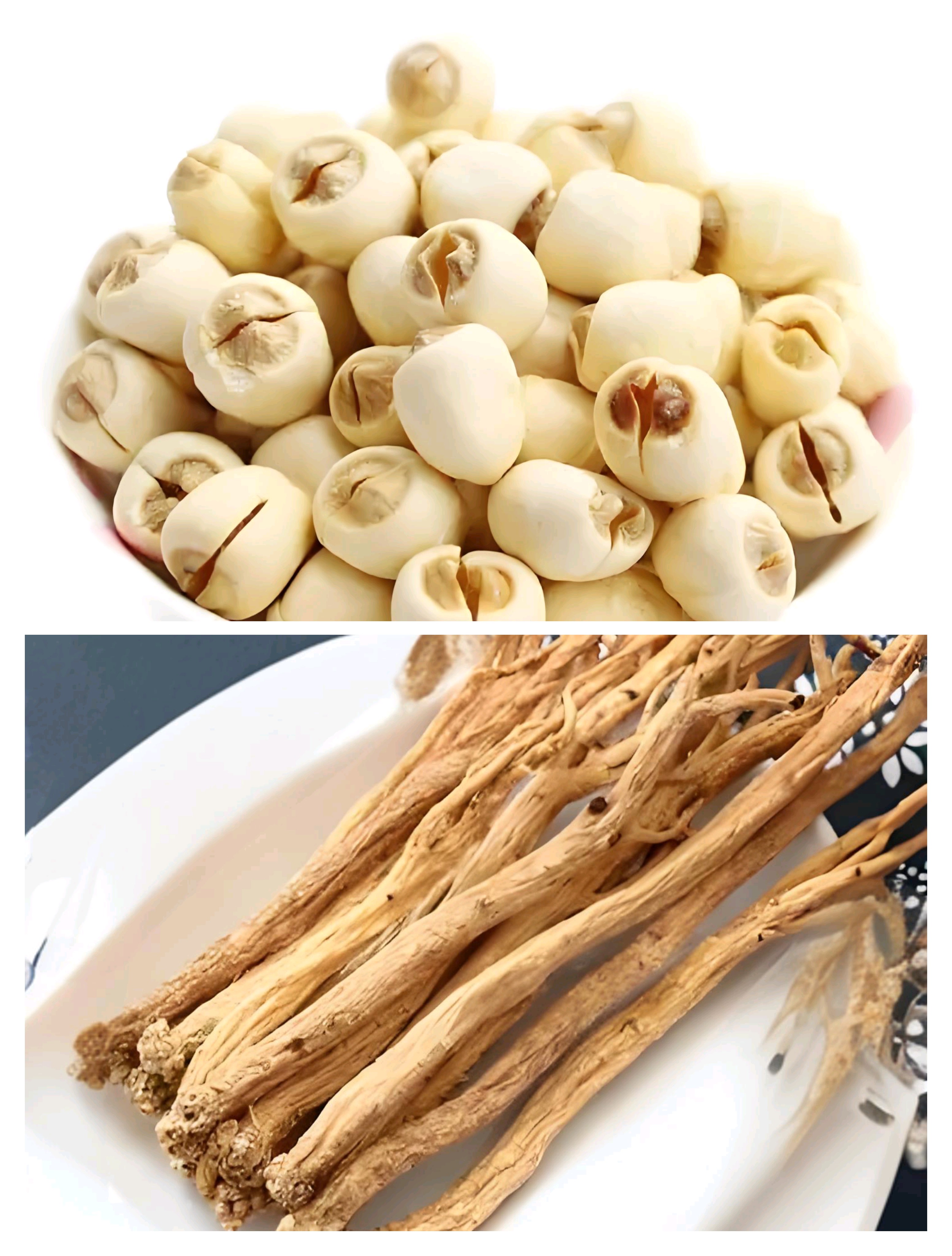 莲子加党参,大米配枸杞. 一起煮米汤,最后放冰糖.