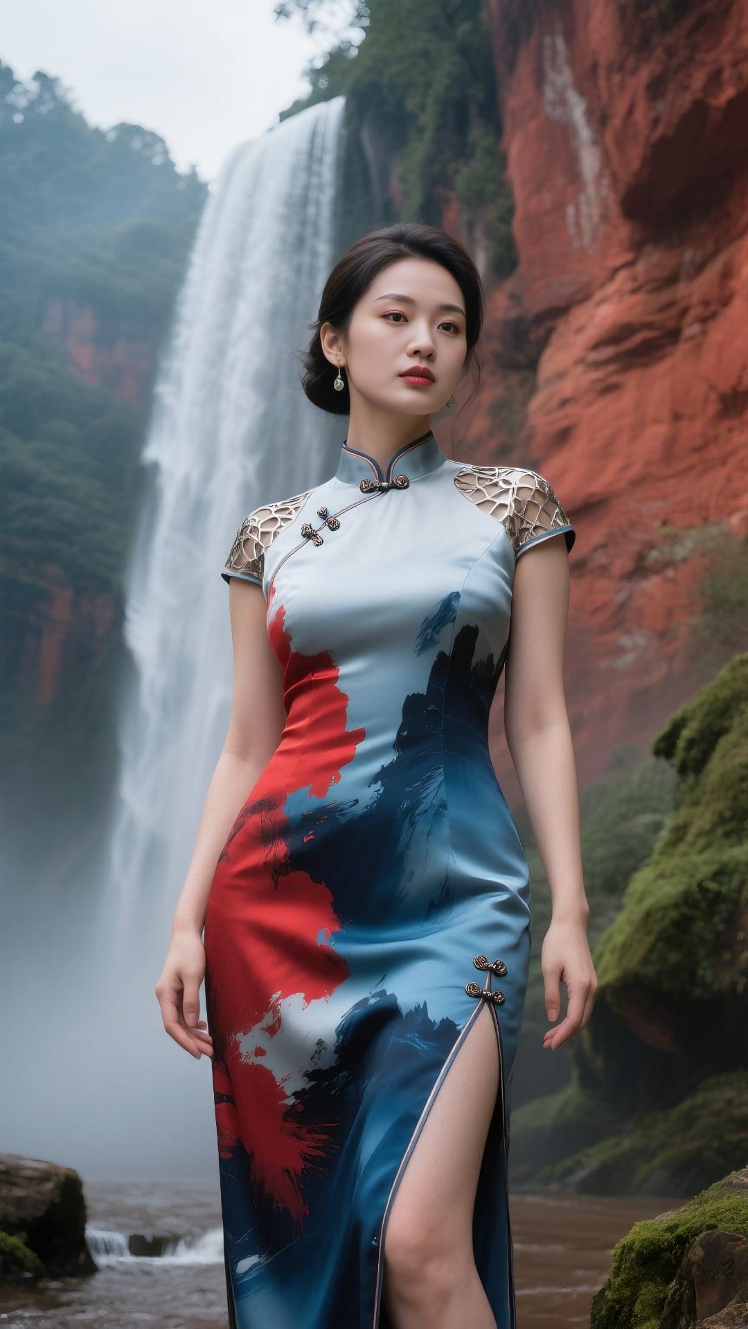 无需多语,她静立于激荡奔流的瀑布前方,一袭旗袍即是山河的知音