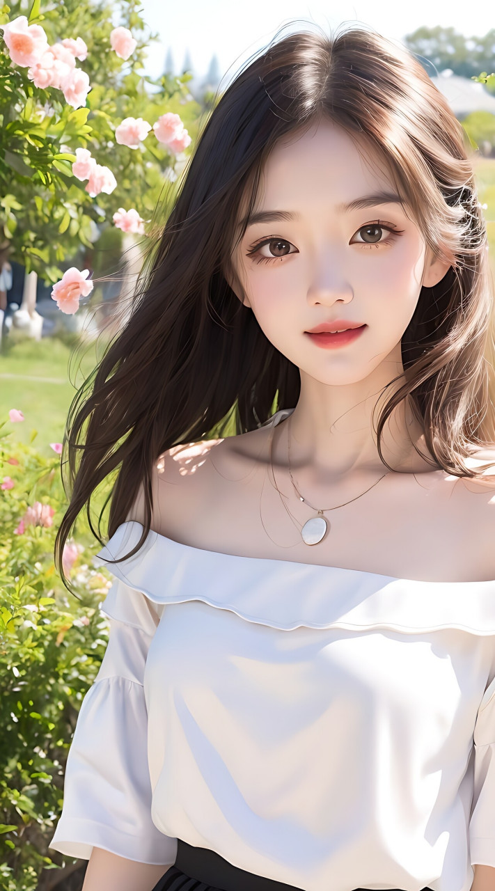 女孩,完美细节大的眼睛,穿着轻薄白色落肩开衫短袖上衣,完美纤细的