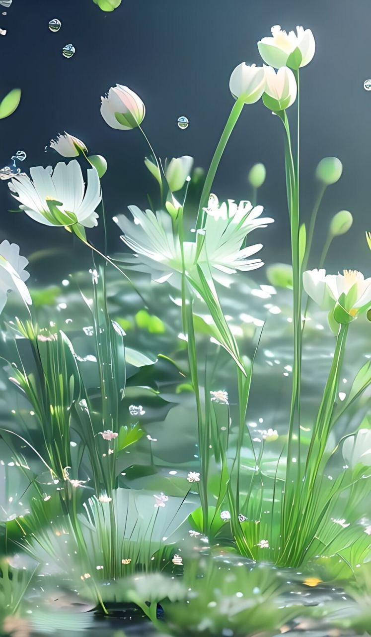 水晶绿色百合花,花瓣上有许多露珠,光谱光,绿油油的小草 极光,花卉