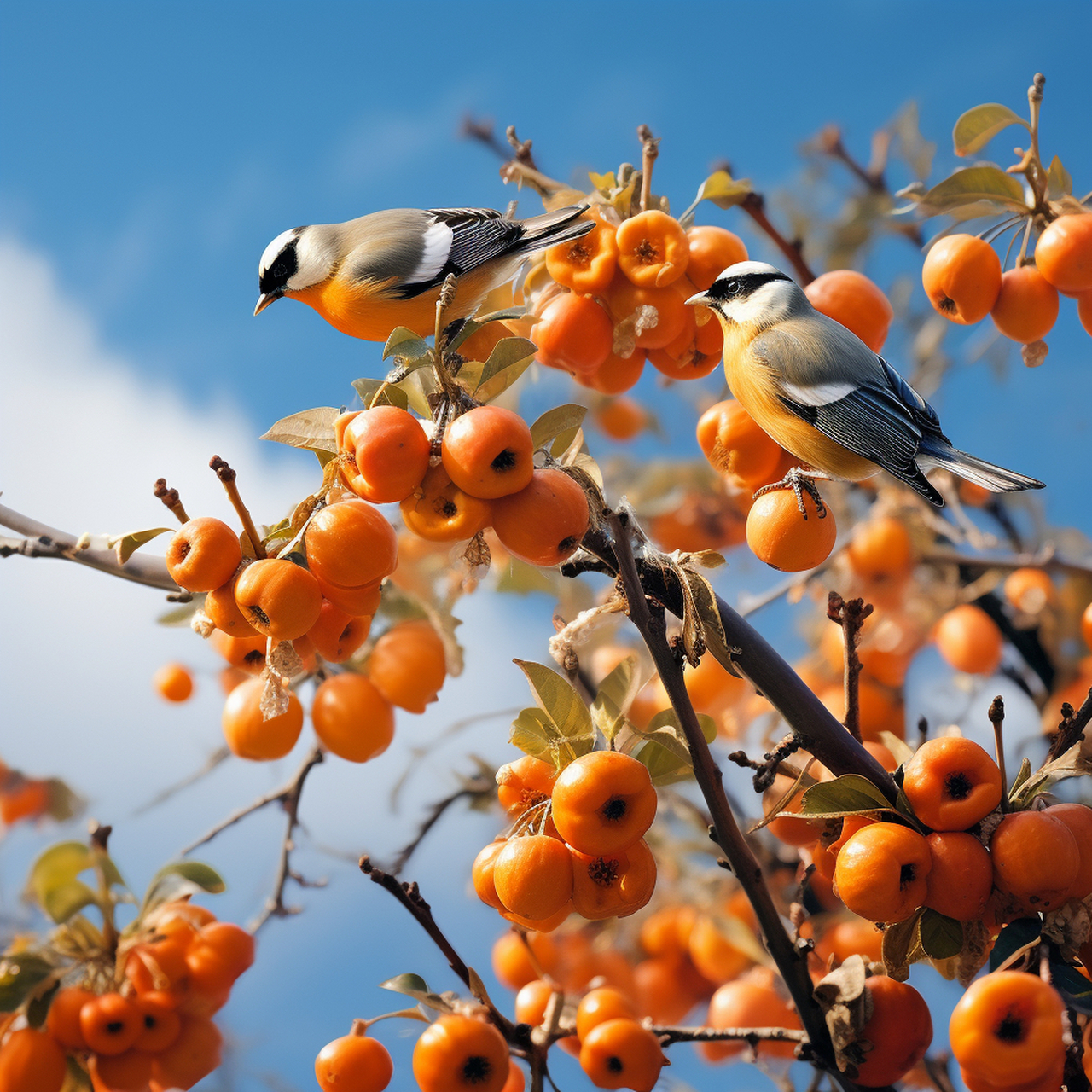 山上的野柿子成熟了,小鸟第一时间赶来尝尝鲜ai绘画 仅供娱乐
