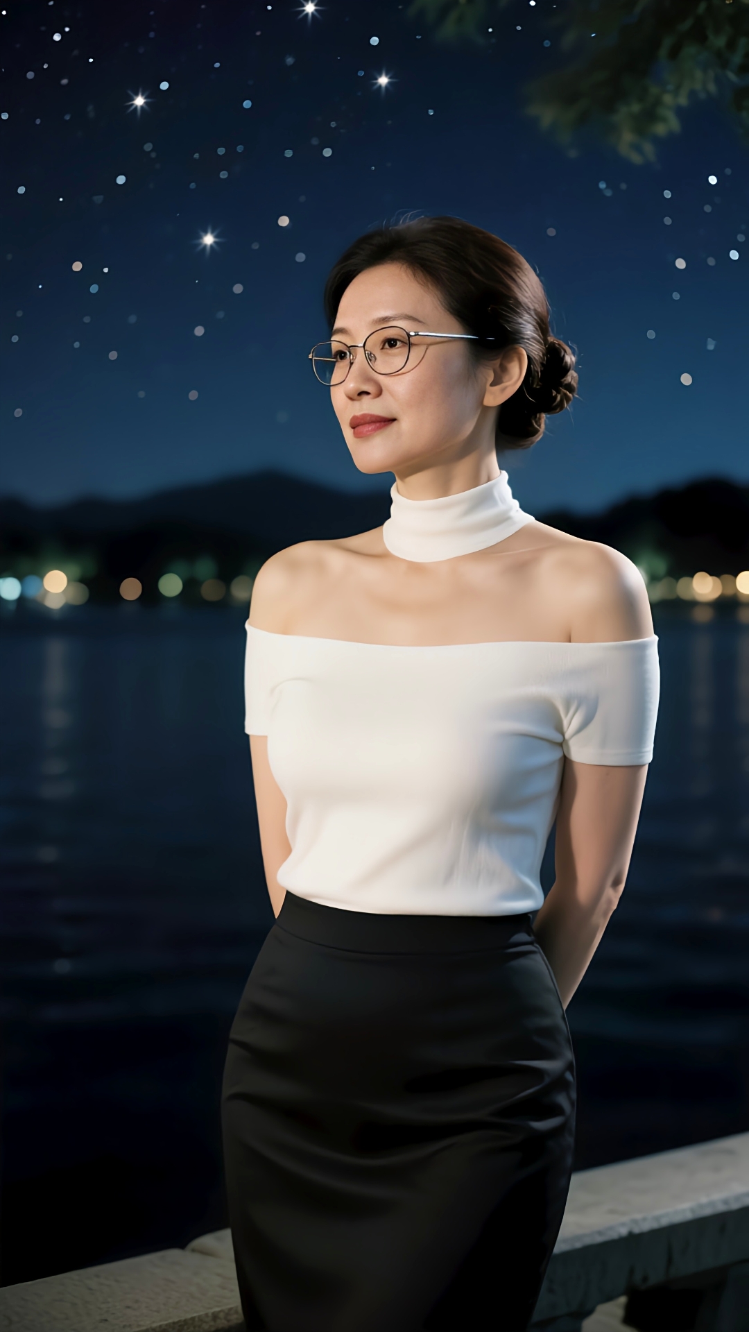 她立于湖畔,一袭白色露肩上衣,独特的挂脖设计勾勒