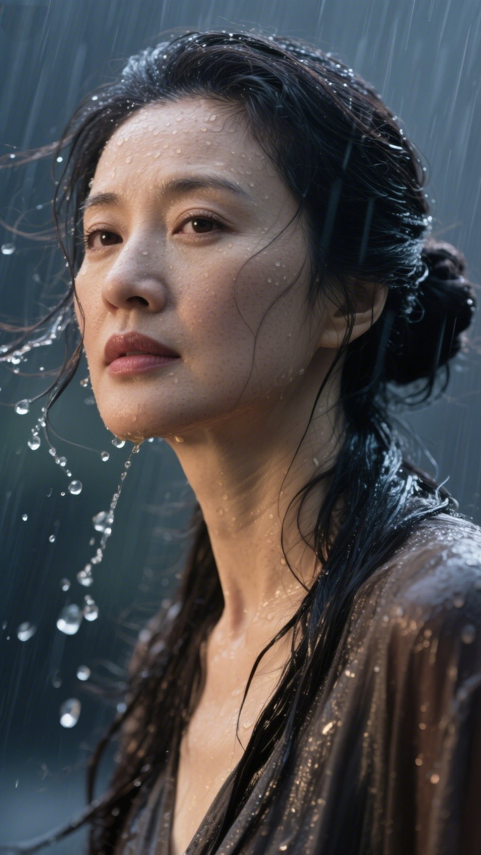 立身于雨中,发丝凌乱,水珠顺着发梢滚落,洇湿了肩头