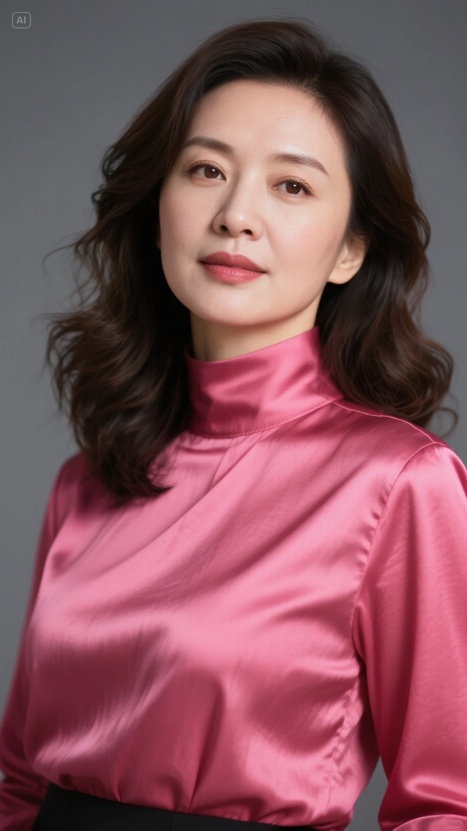 妆容走清透自然风,轻薄底妆衬出缎面质感,淡眉,裸