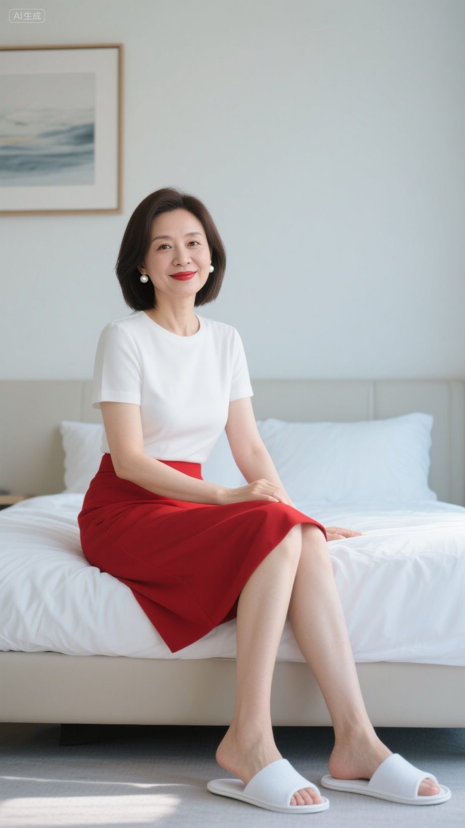 简约白t搭正红色半身裙,利落剪裁勾勒优雅线条,珍珠耳饰添精致感,红唇