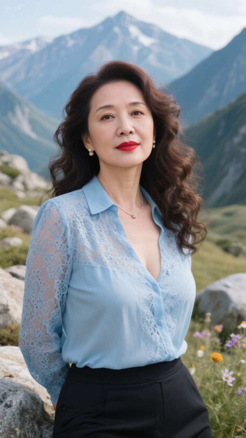 浅蓝蕾丝上衣配黑裙,勾勒优雅曲线,红唇点亮气色,在