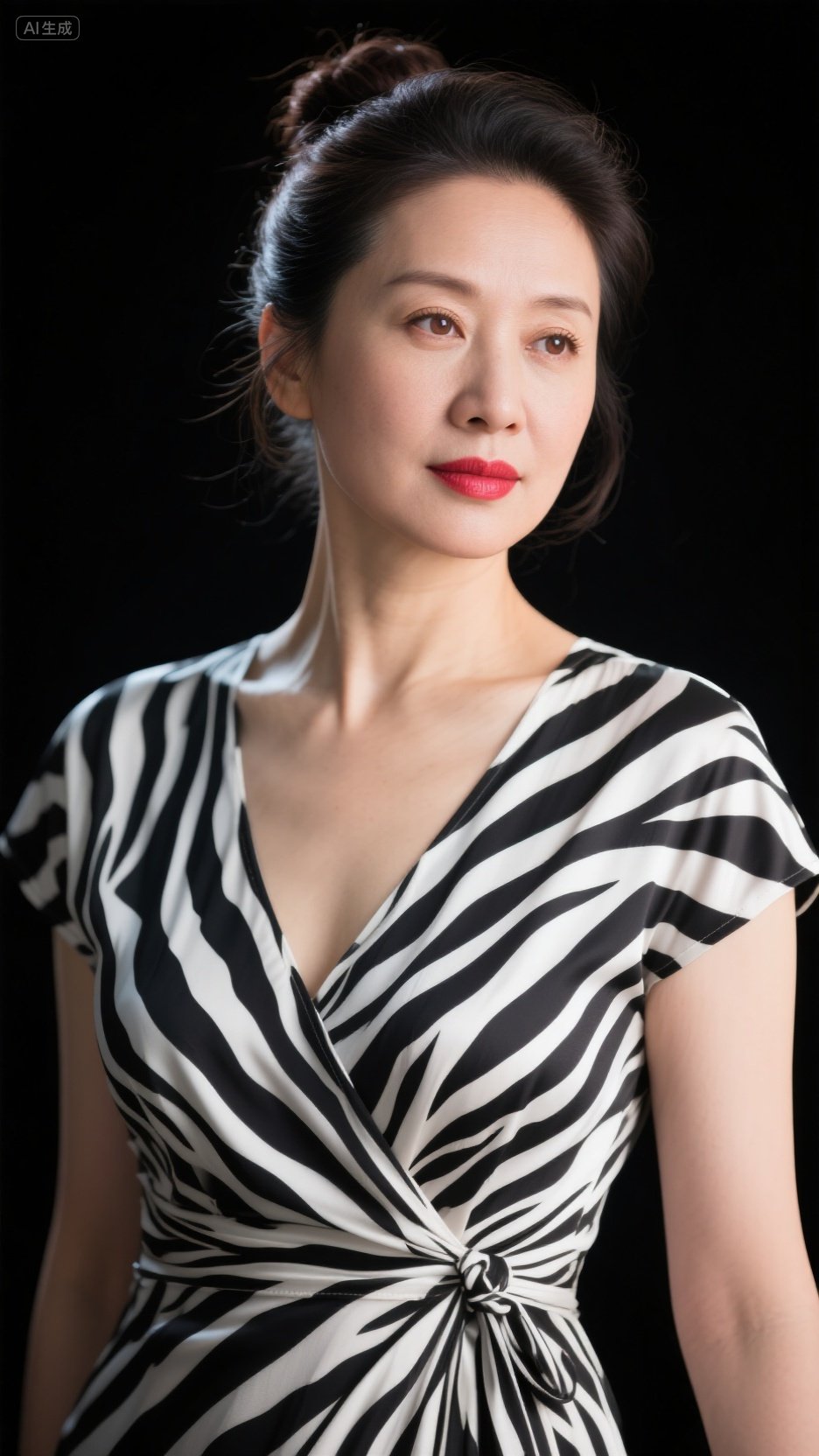 黑白条纹裙自带时髦气场,v领勾勒优雅肩颈线,腰间扭结