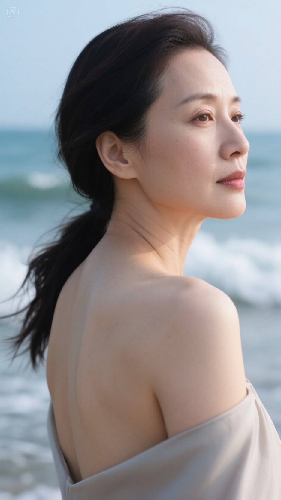 海风轻拂的松弛感 浅米色露肩裙勾勒优雅肩颈线 简约