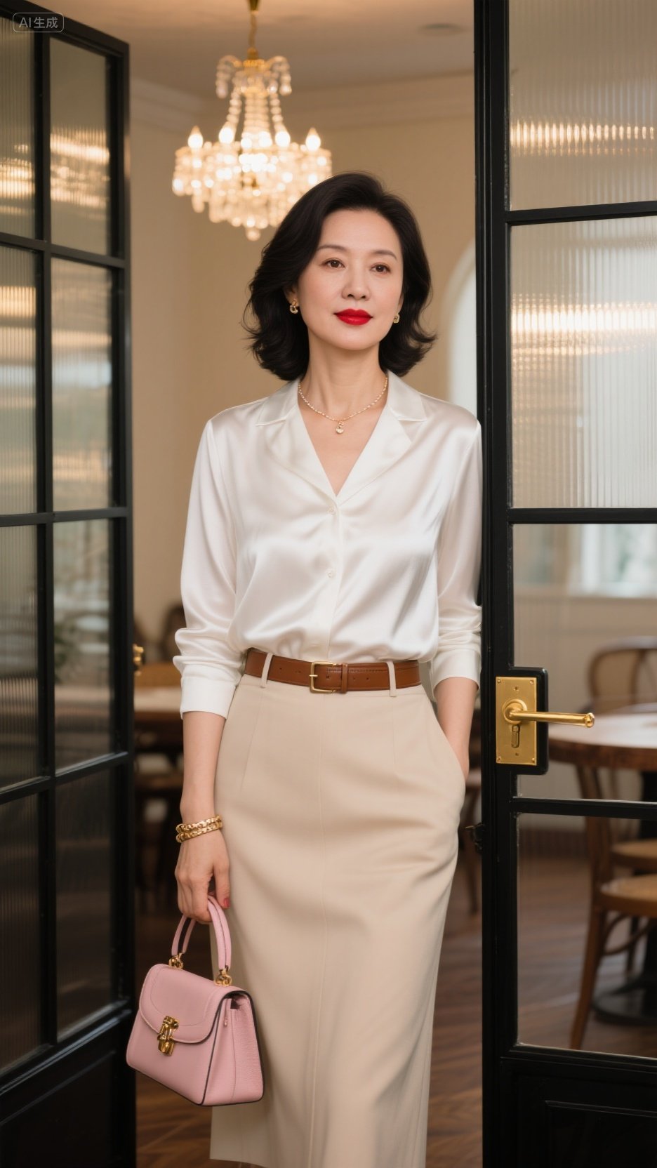 缎面白衬衫自带光泽,简约v领勾勒优雅线条,搭配驼色腰带