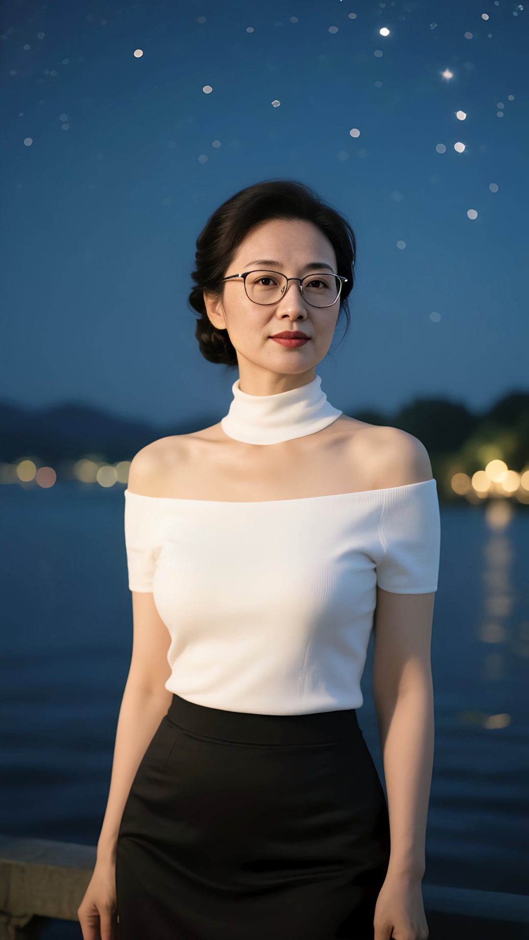 她立于湖畔,一袭白色露肩上衣,独特的挂脖设计勾勒