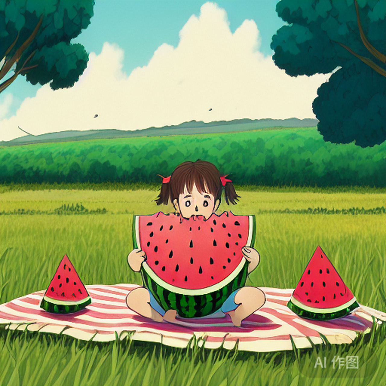 ai画画:[夏天田野里吃西瓜].画得怎么样?