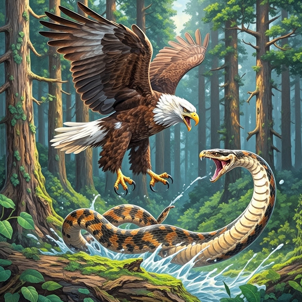 棕白羽翼的老鹰凌空展翅,锐利眼神锁定下方橙黑巨蛇