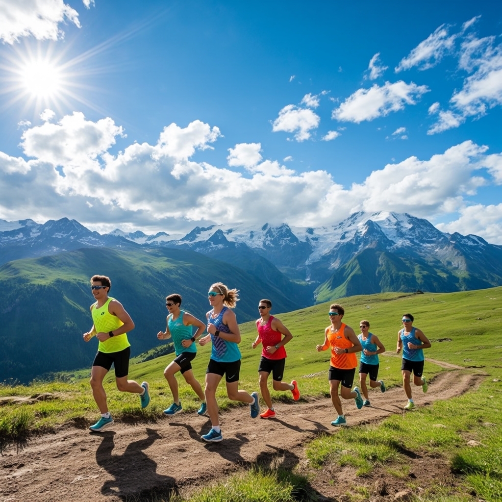 阳光洒在高原山丘上,一群跑步爱好者穿着色彩鲜艳的运动装备,像彩虹般