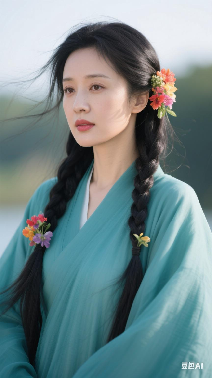 她的长发如墨色绸缎般垂落肩头,每一缕发丝都泛着