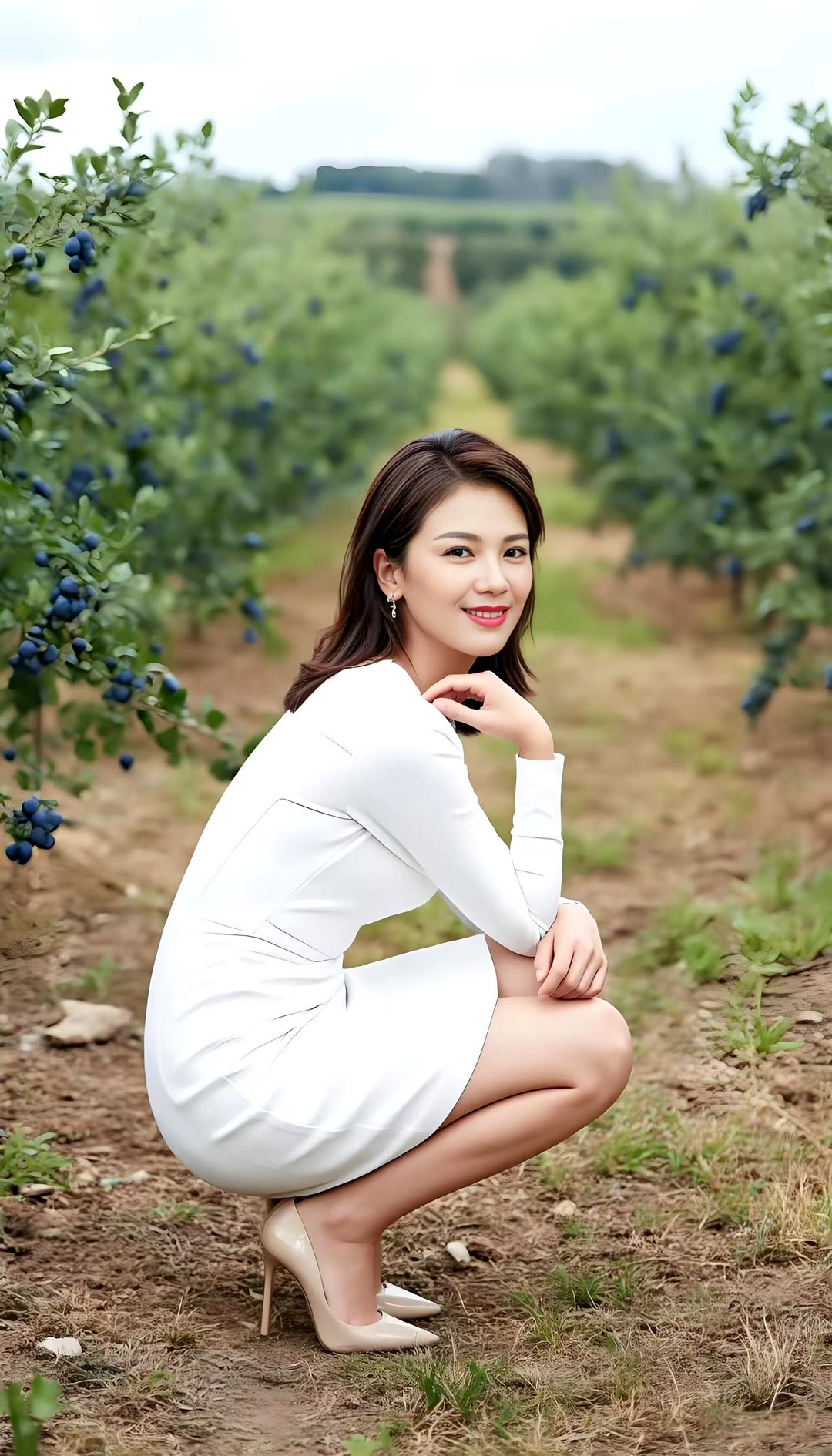 刘涛在蓝莓园里蹲着,笑容灿烂,手里摘着一颗蓝莓,阳光洒在她的白色