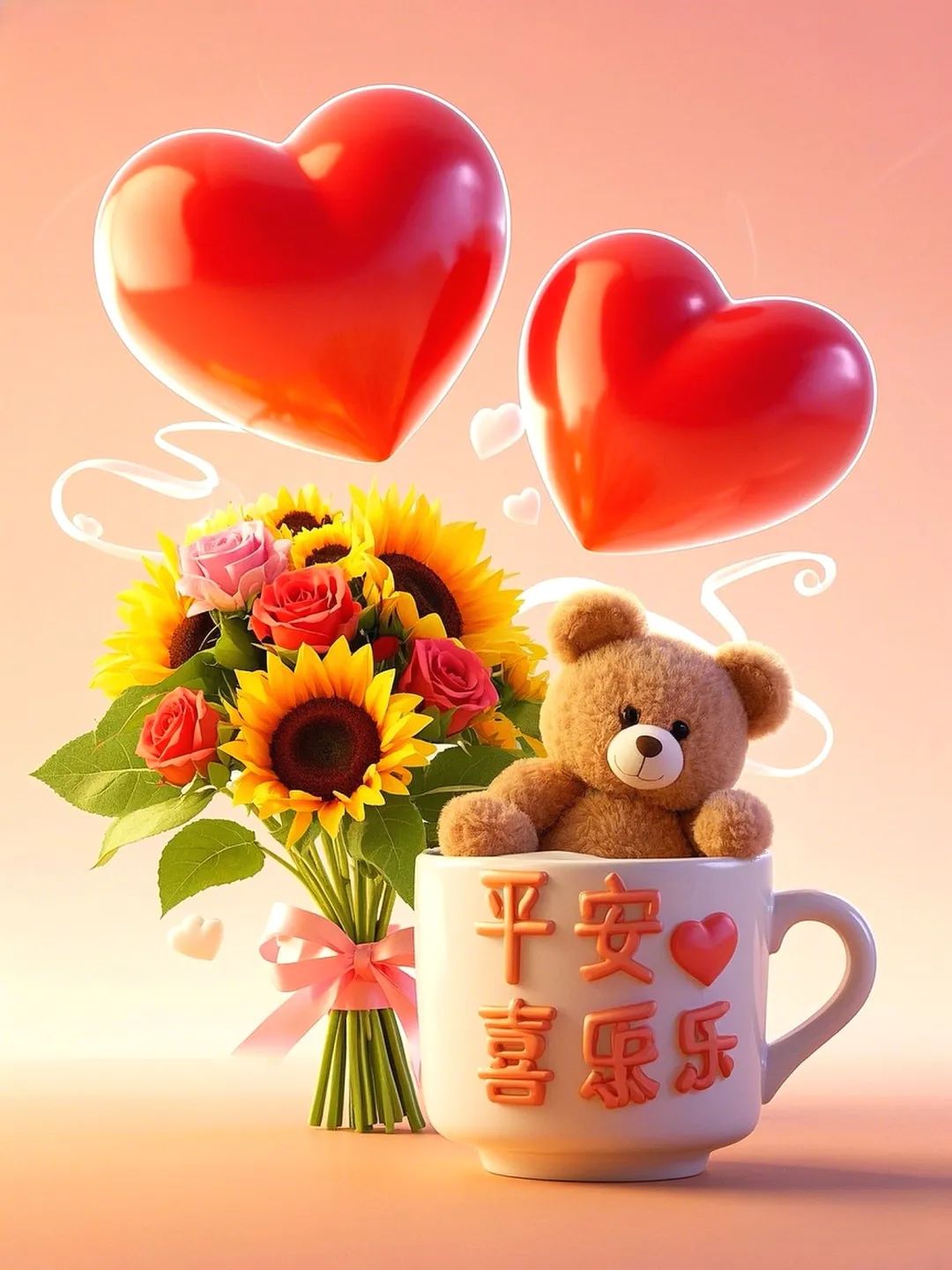 在这幅温馨的图像中,一只泰迪熊安然地卧在装满鲜花的花束中,仿佛在