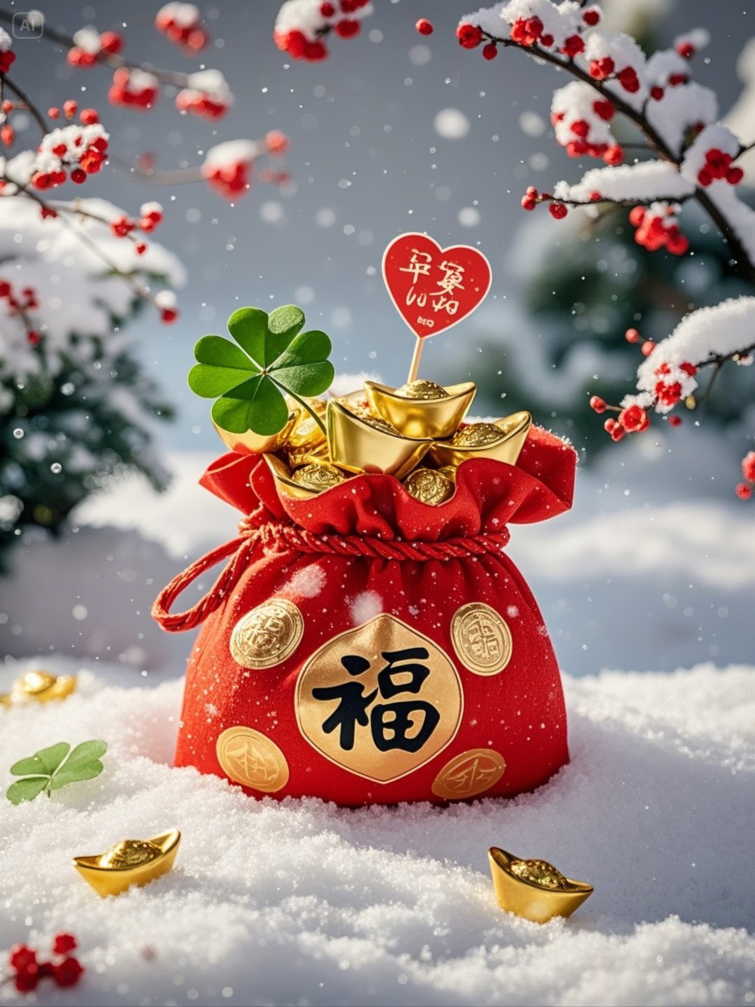雪地里,红色福袋装满金币和幸运的四叶草,祈愿新的一年财源滚滚,好运